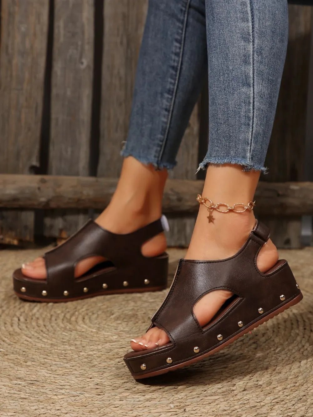 Women’s studded PU leather wedge sandals with comfortable straps, ideal for casual summer footwear by Plush Fashion Hub.