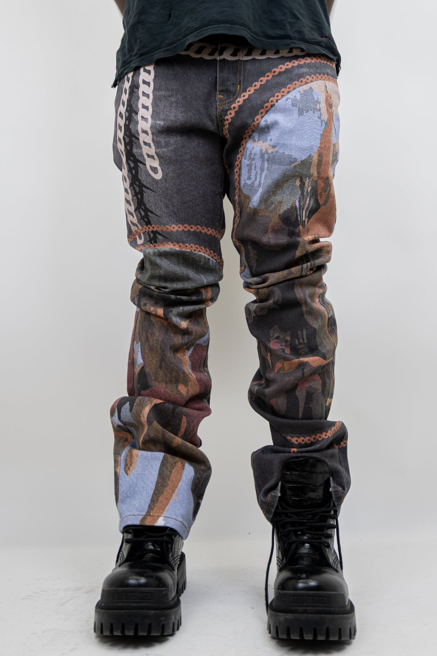 Purple graphic printed stacked jeans by Plush Fashion Hub, featuring a stylish, colorful design and a trendy stacked fit.