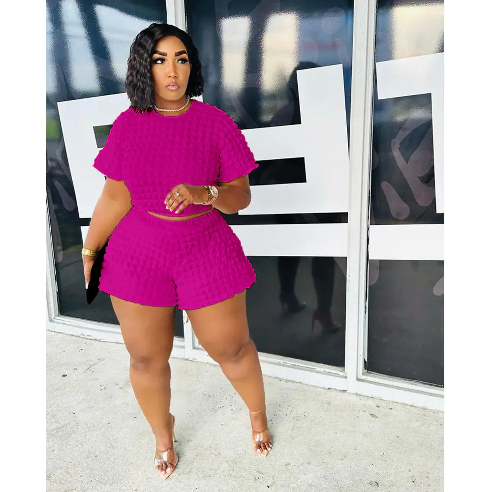 Plus size women's casual summer two-piece set featuring comfortable shorts and top by Plush Fashion Hub.