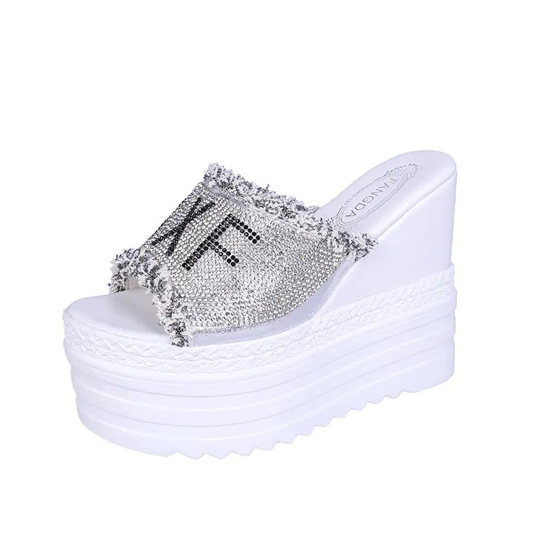 Women wedge heel platform sandals and rhinestone slippers with stylish straps and embellishments, perfect for summer wear.