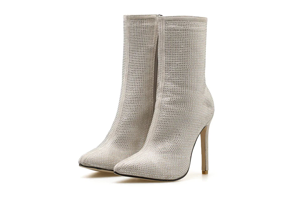 Women rhinestone high heel boots with pointed toe, sparkling embellishments and sleek black style from Trendy Attic Store01.