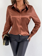 Real shot of Bella Mia women's satin summer shirt, lightweight artificial silk top with a sleek, smooth fabric finish.