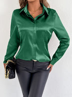 Real shot of Bella Mia women's satin summer shirt, artificial silk blouse with a smooth, shiny finish and relaxed fit.