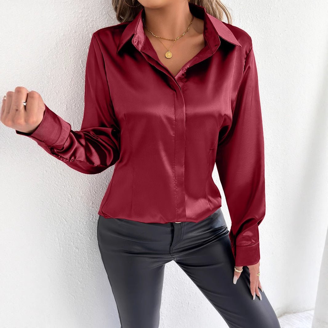 Real shot of women’s satin summer shirt from Plush Fashion Hub, featuring silky artificial silk fabric and a stylish, relaxed fit.