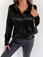 Real shot of a women's satin summer shirt by Bella Mia, featuring a smooth artificial silk fabric and stylish casual tops.
