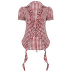 Red plaid overshirt for women with puff sleeves, lace-up detail, pleated design, and short sleeves, by Bella Mia.