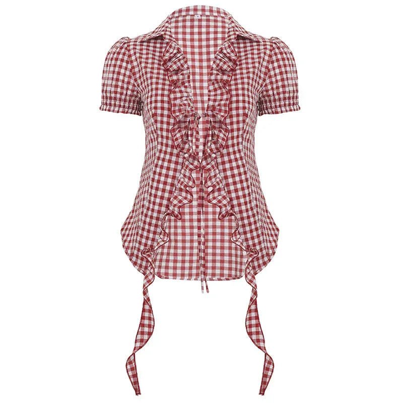 Red plaid overshirt for women from Plush Fashion Hub, featuring puff sleeves, pleated design, and lace-up details.