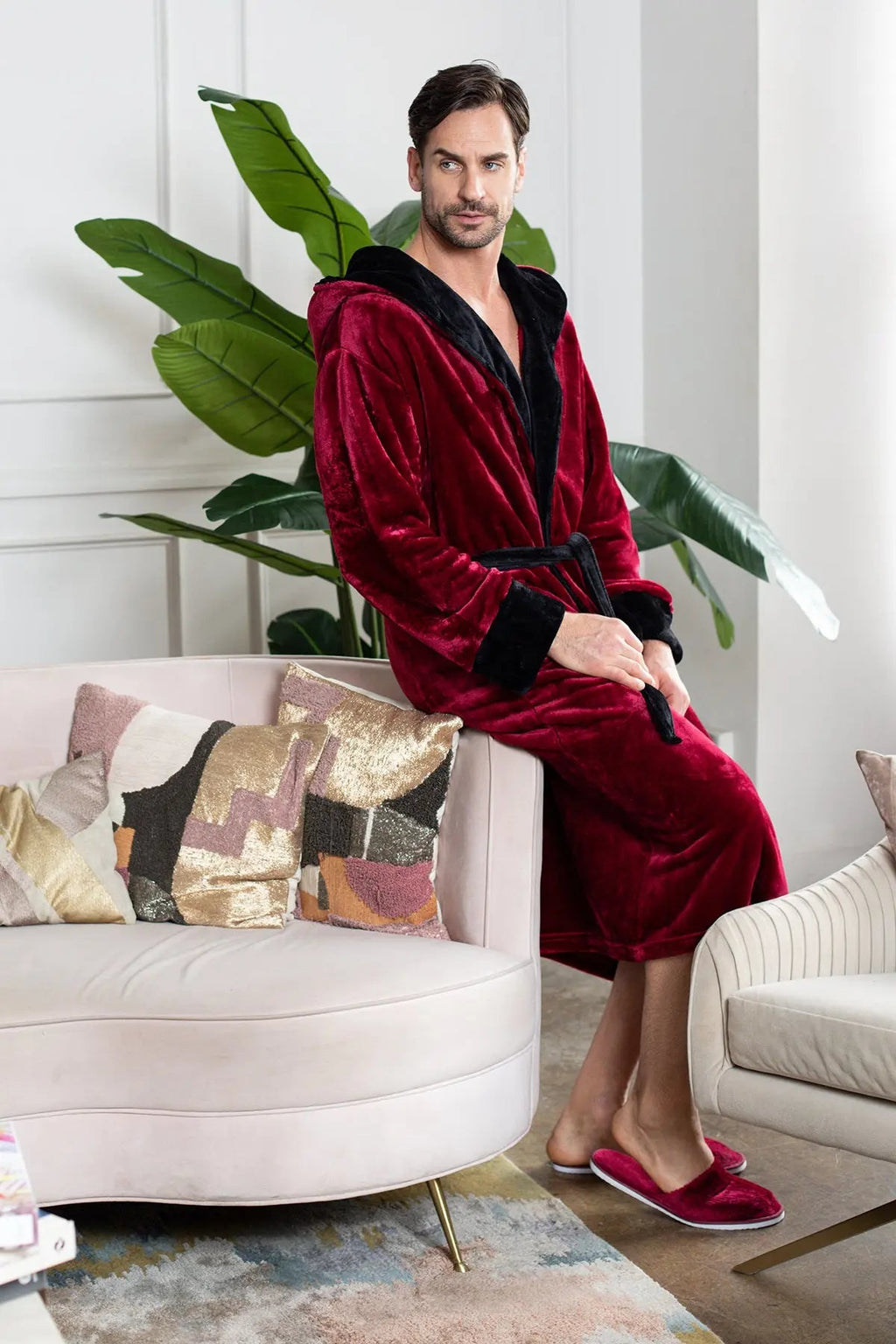 Red men's hooded robe by Lotus Linen, made of ultra-soft plush fabric, perfect for cozy, everyday comfort.
