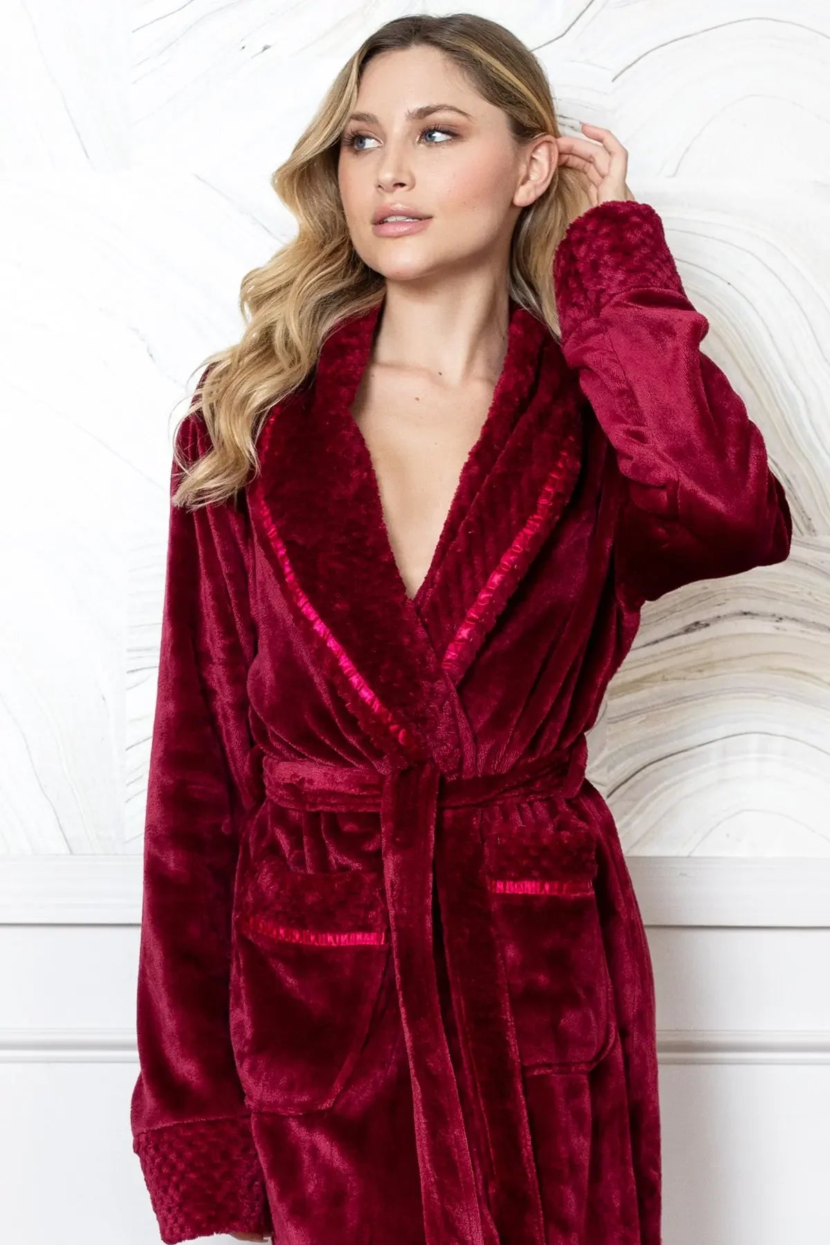 Red Lotus Linen women's plush bathrobe with ultra-soft, cozy fabric and a relaxed fit, perfect for lounging and comfort.