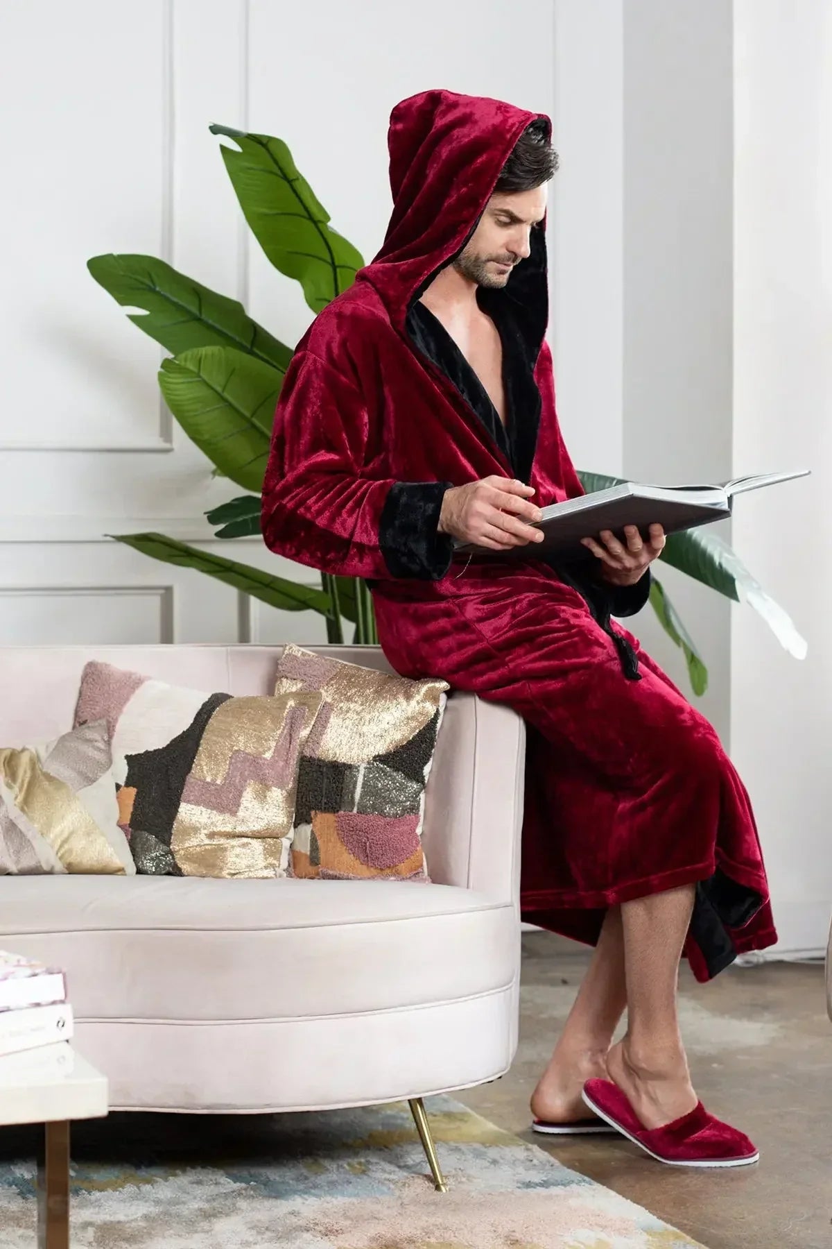 Red men's hooded plush robe from Plush Fashion Hub, ultra-soft fabric with a cozy hood and relaxed fit.