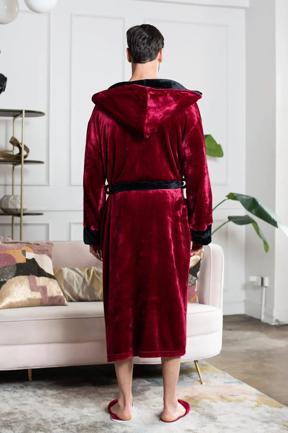 Red men's hooded robe by Lotus Linen featuring ultra-soft plush fabric for cozy everyday comfort.