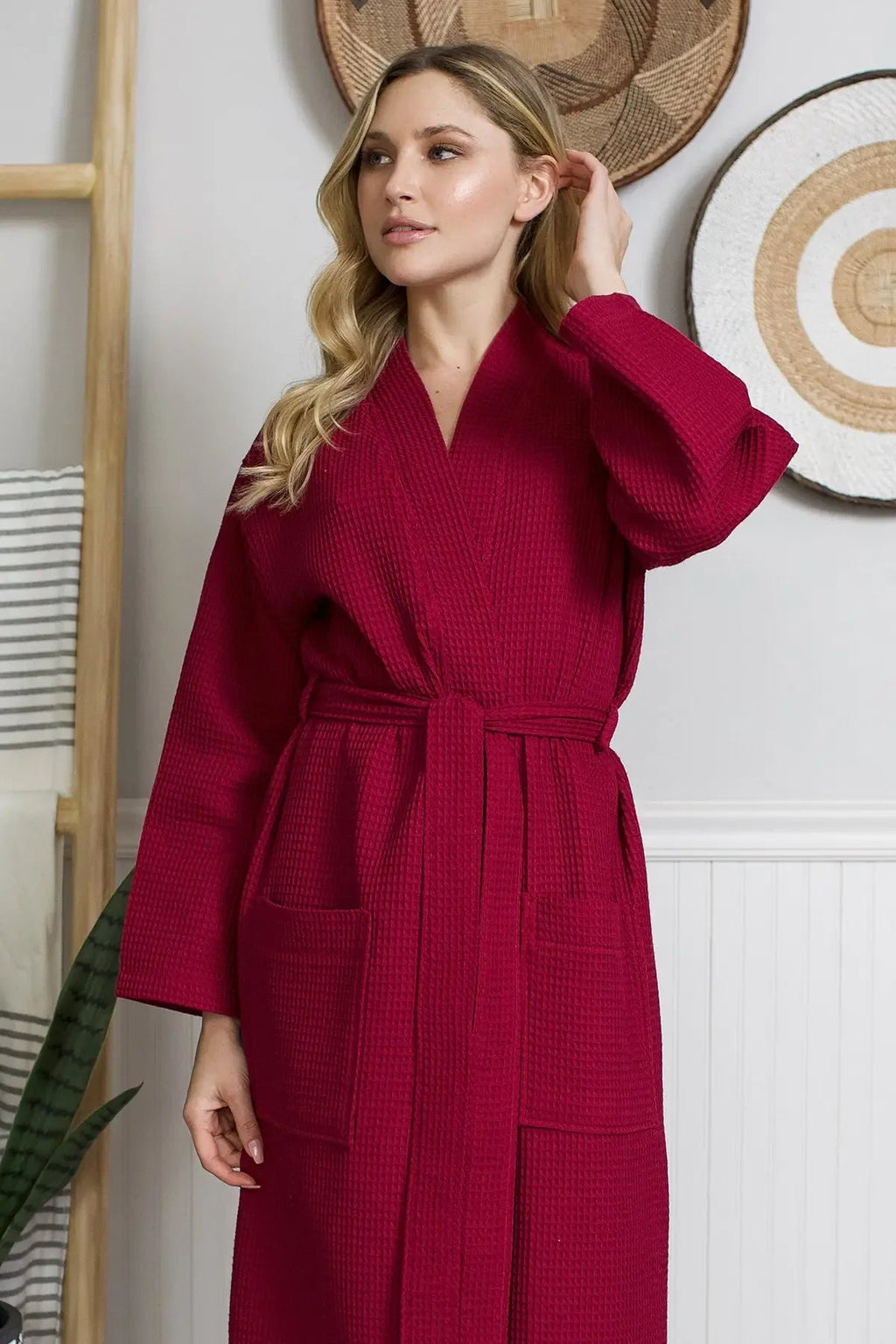 Red lightweight Waffle Robe for women by Lotus Linen, quick-dry spa comfort robe with a soft, textured fabric.