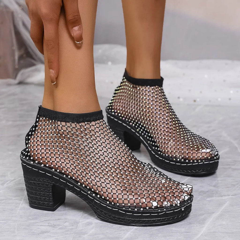 Elegant rhinestone block heel sandals by Trendsi featuring comfortable design and evening formal style, with shimmering embellishments.