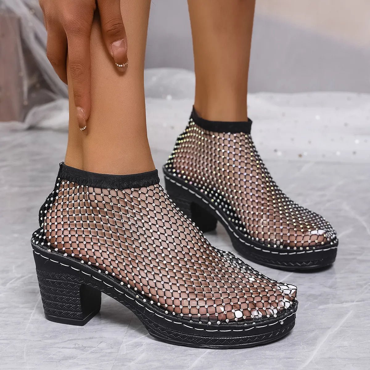 Elegant rhinestone block heel sandals by Trendsi featuring comfortable design and evening formal style, with shimmering embellishments.