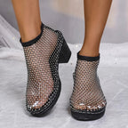 Elegant rhinestone block heel sandals by Trendsi, featuring sparkling embellishments and comfortable evening formal shoe design.