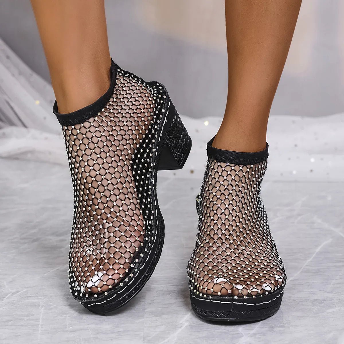 Elegant rhinestone block heel sandals by Trendsi, featuring sparkling embellishments and comfortable evening formal shoe design.