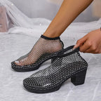Elegant rhinestone block heel sandals by Trendsi, featuring comfortable straps and a stylish evening formal shoe design.