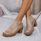 Elegant rhinestone block heel sandals by Trendsi featuring a comfortable design for evening formal occasions.