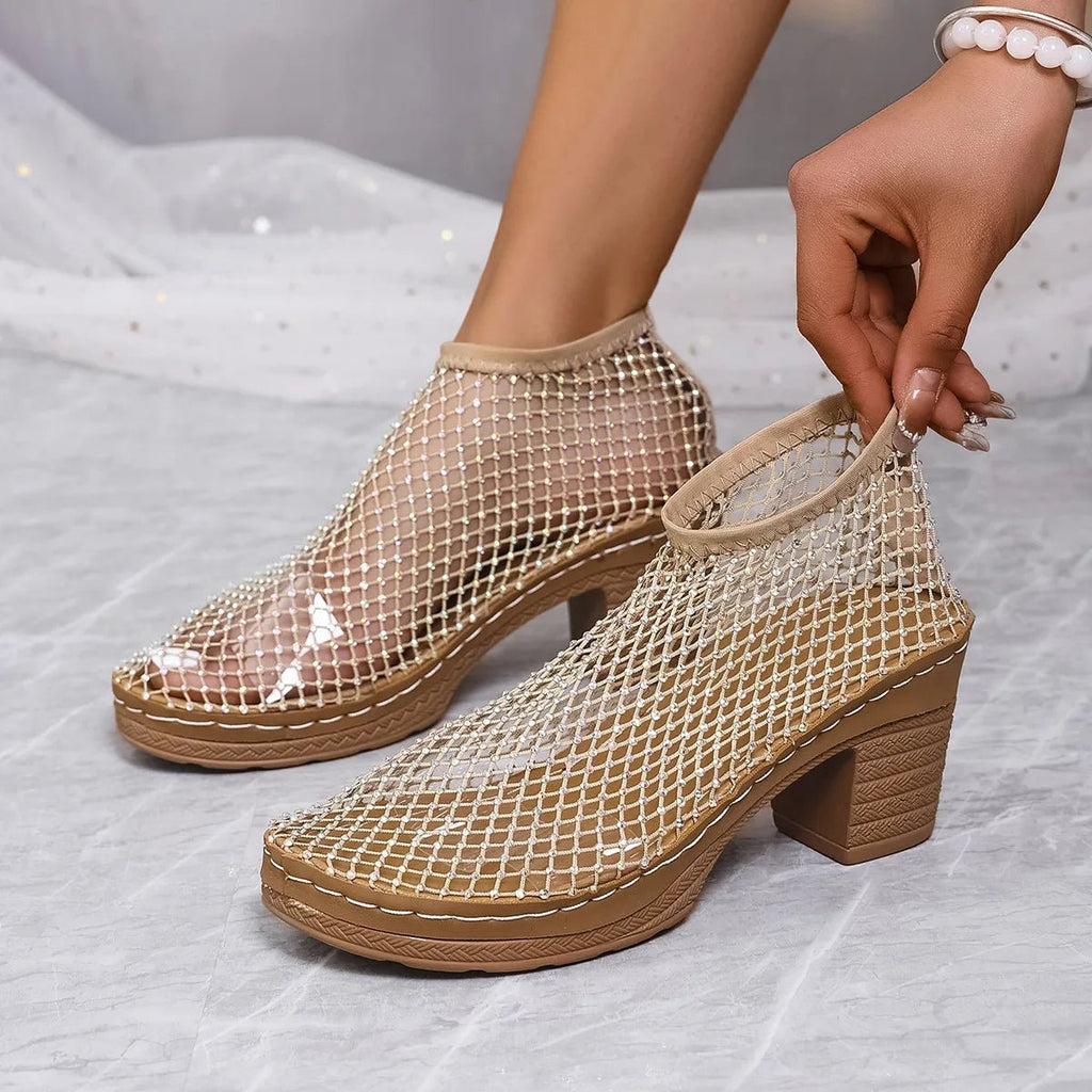 Elegant rhinestone block heel sandals by Trendsi, featuring sparkling embellishments and comfortable evening formal shoe design.