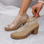 Elegant rhinestone block heel sandals by Trendsi, featuring sparkling embellishments and comfortable evening formal shoe design.
