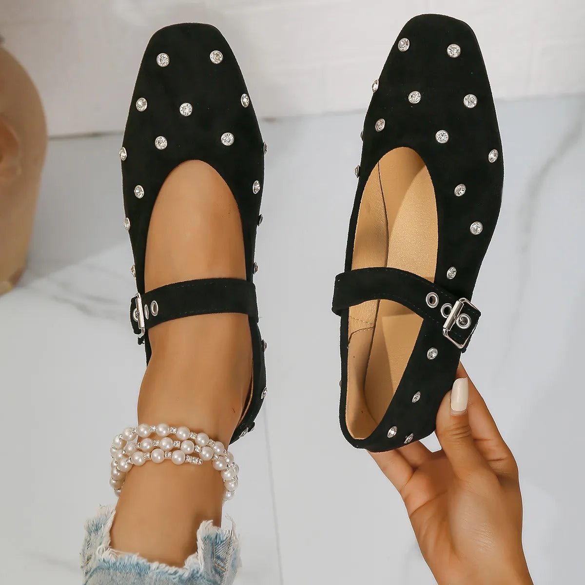 Plush Fashion Hub suede and PU leather Mary Jane flats with rhinestone buckle, stylish and comfortable women's shoe.
