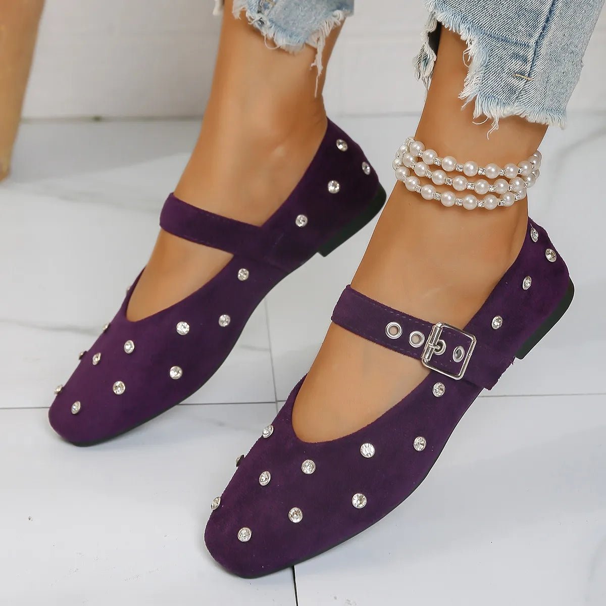 Plush Fashion Hub suede and PU leather rhinestone buckle Mary Jane flat loafers with stylish design and comfortable fit.