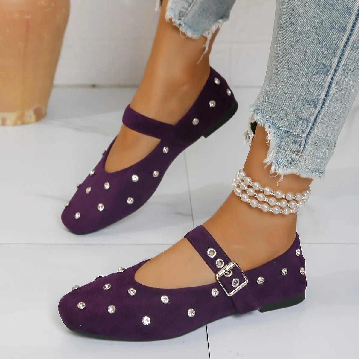 Plush Fashion Hub suede and PU leather rhinestone buckle Mary Jane flat loafers on a white background.