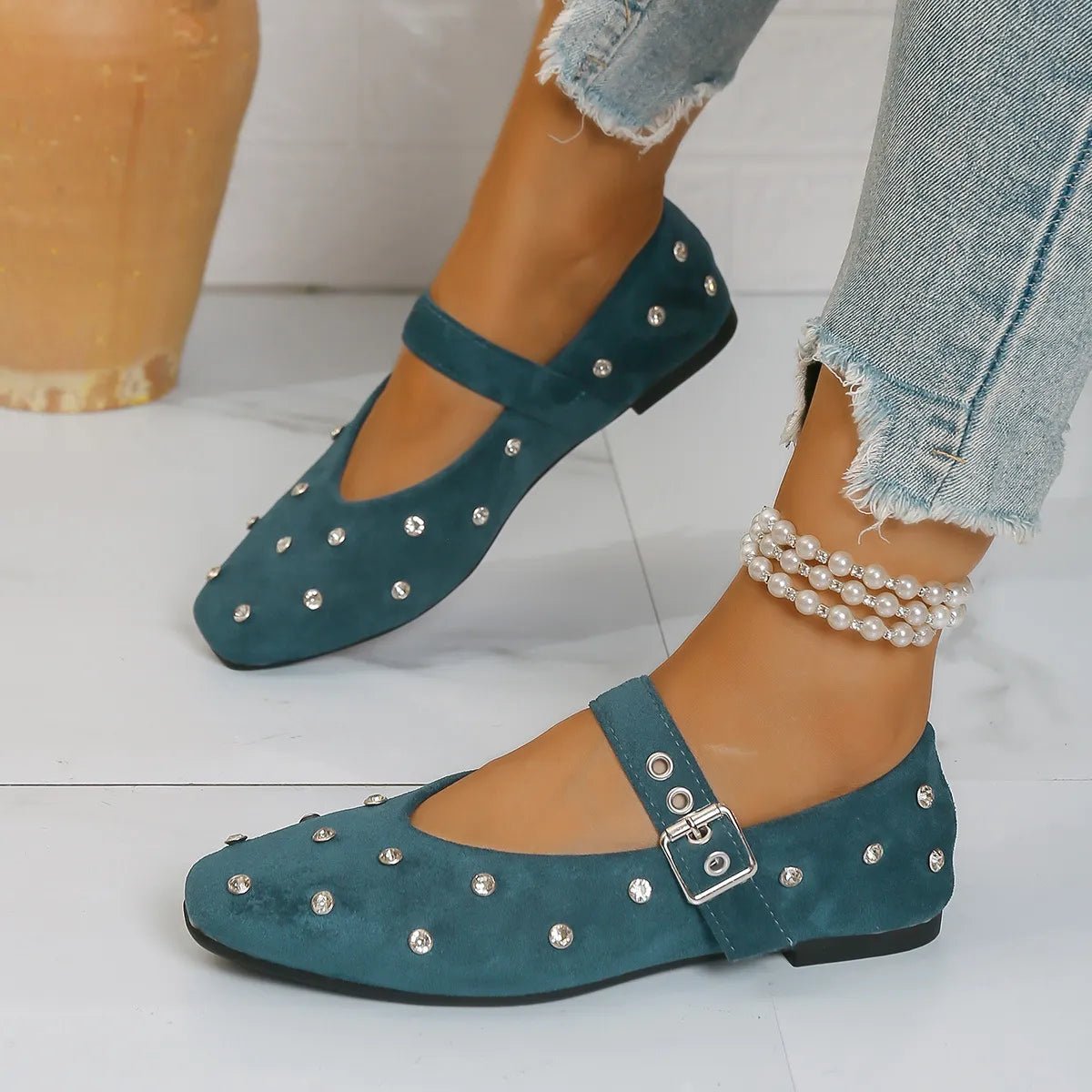 Plush Fashion Hub suede and PU leather Mary Jane flats with rhinestone buckle, stylish and comfortable women's loafers.