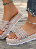 Women's rhinestone platform espadrille sandals with sparkling embellishments, trendy summer footwear by Trendsi.