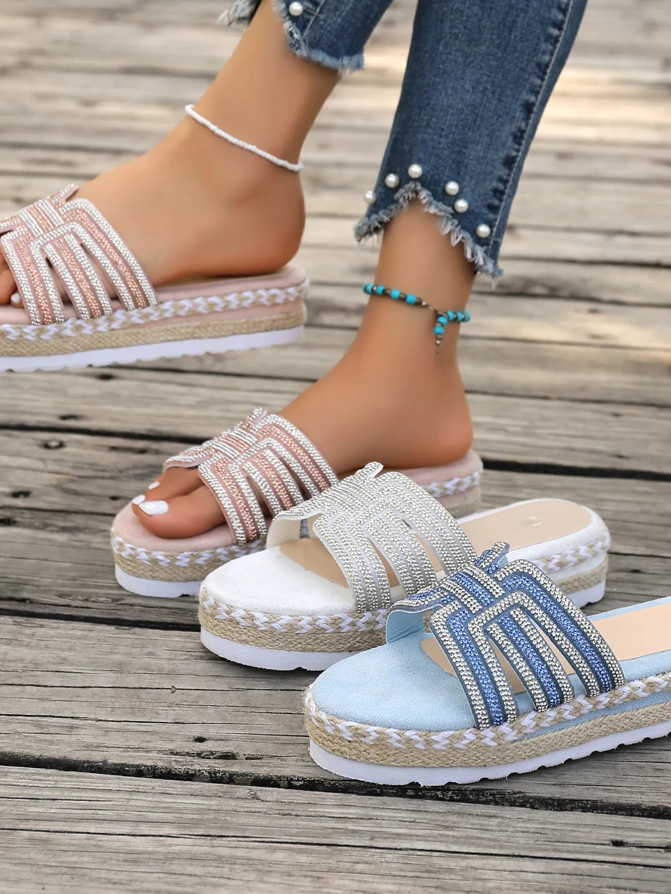 Women's rhinestone platform espadrille sandals by Trendsi featuring sparkly embellishments and woven jute soles for summer footwear.
