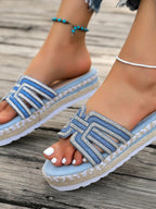 Women’s rhinestone platform espadrille sandals featuring sparkly embellishments and woven jute soles for summer footwear.