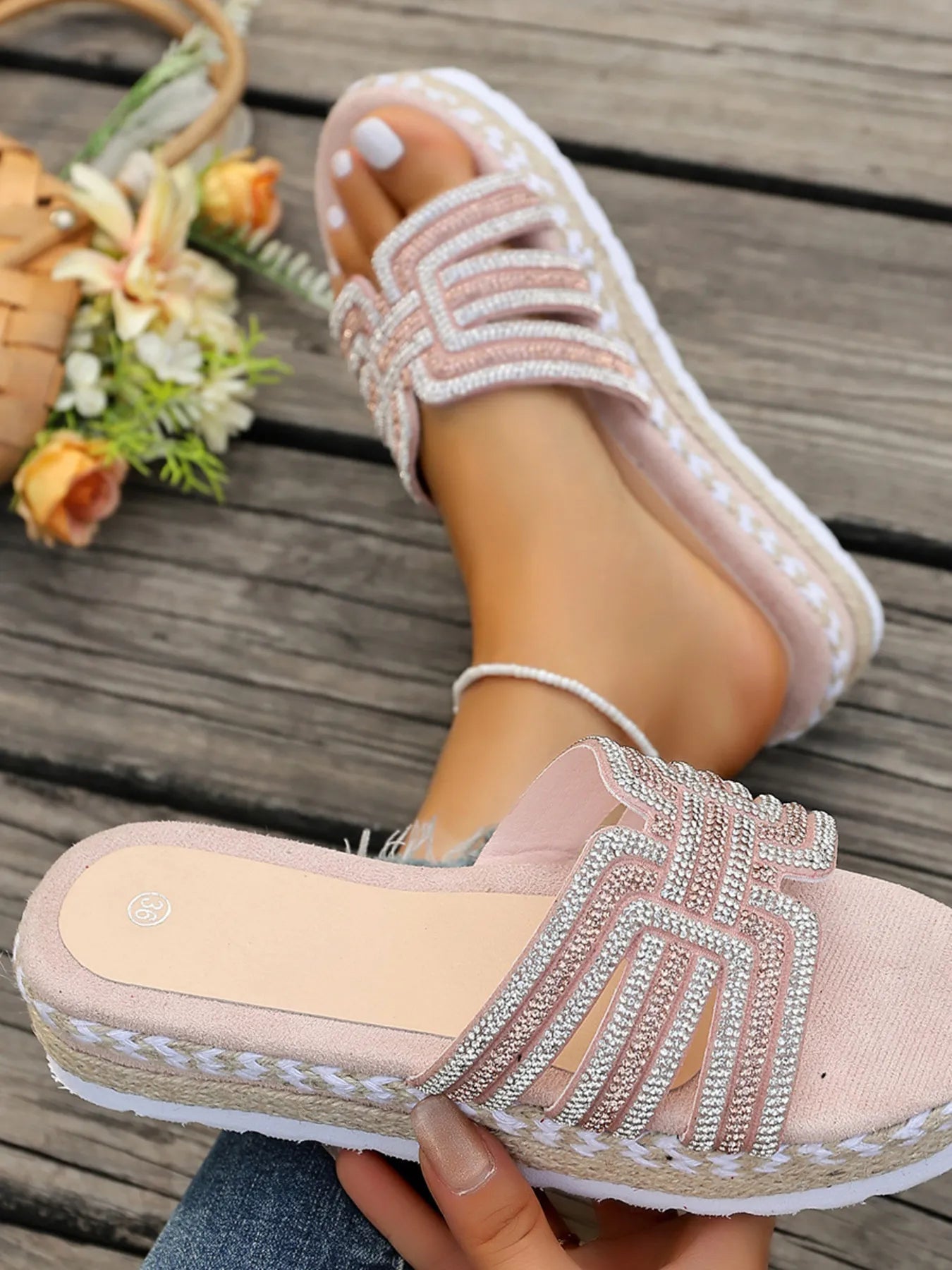 Women's rhinestone platform espadrille sandals with sparkly embellishments and woven jute sole, trendy summer footwear by Trendsi.