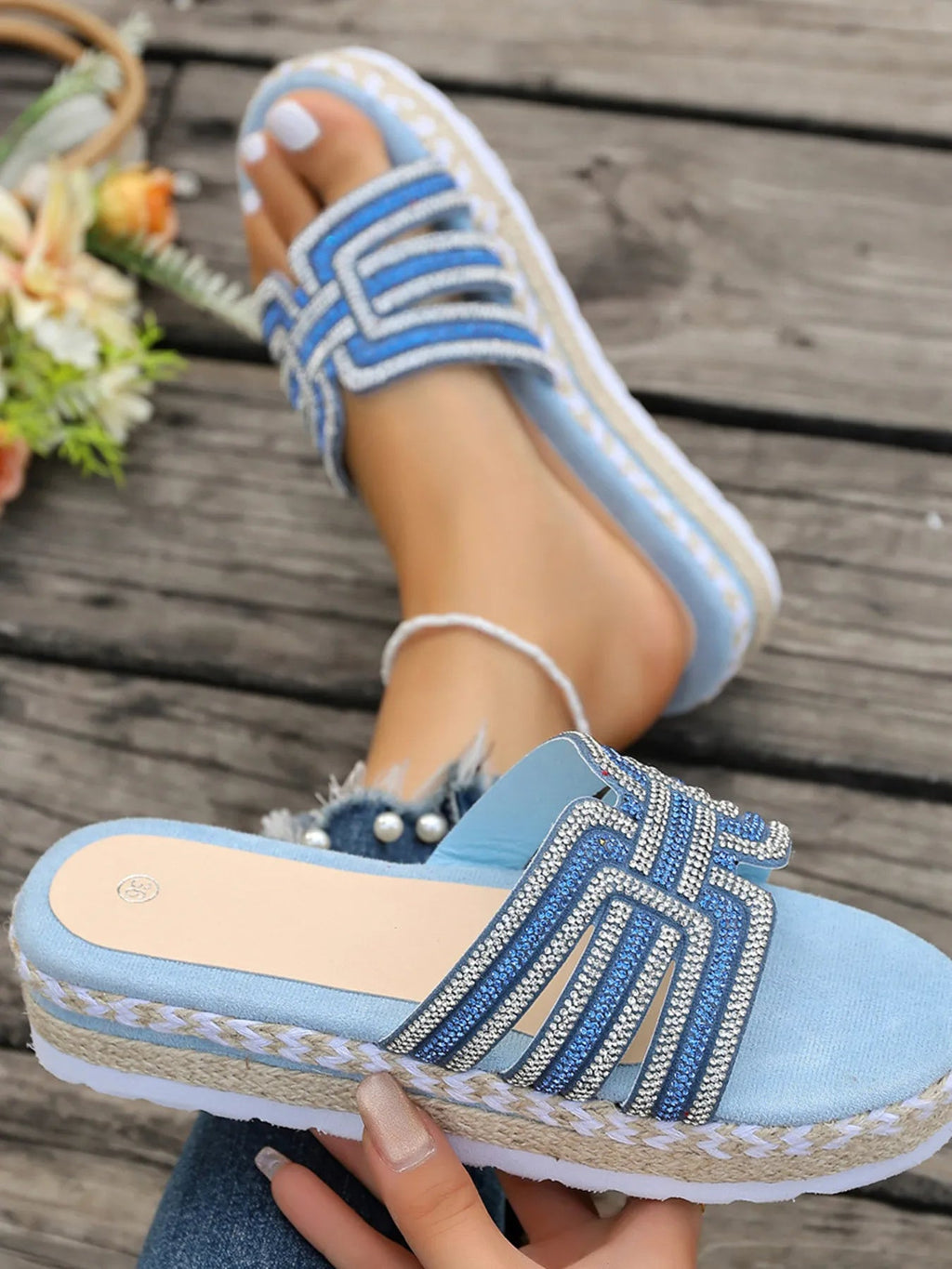 Sparkly women's rhinestone platform espadrille sandals by Trendsi, featuring embellishments and a summer-ready design.