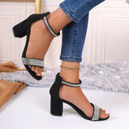 Sparkling rhinestone high heel sandals with a chunky square heel, perfect for summer fashion, by FitiqueFit.