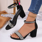 FitiqueFit rhinestone high heel sandals with chunky square heel, perfect for summer, stylish footwear for elegant occasions.