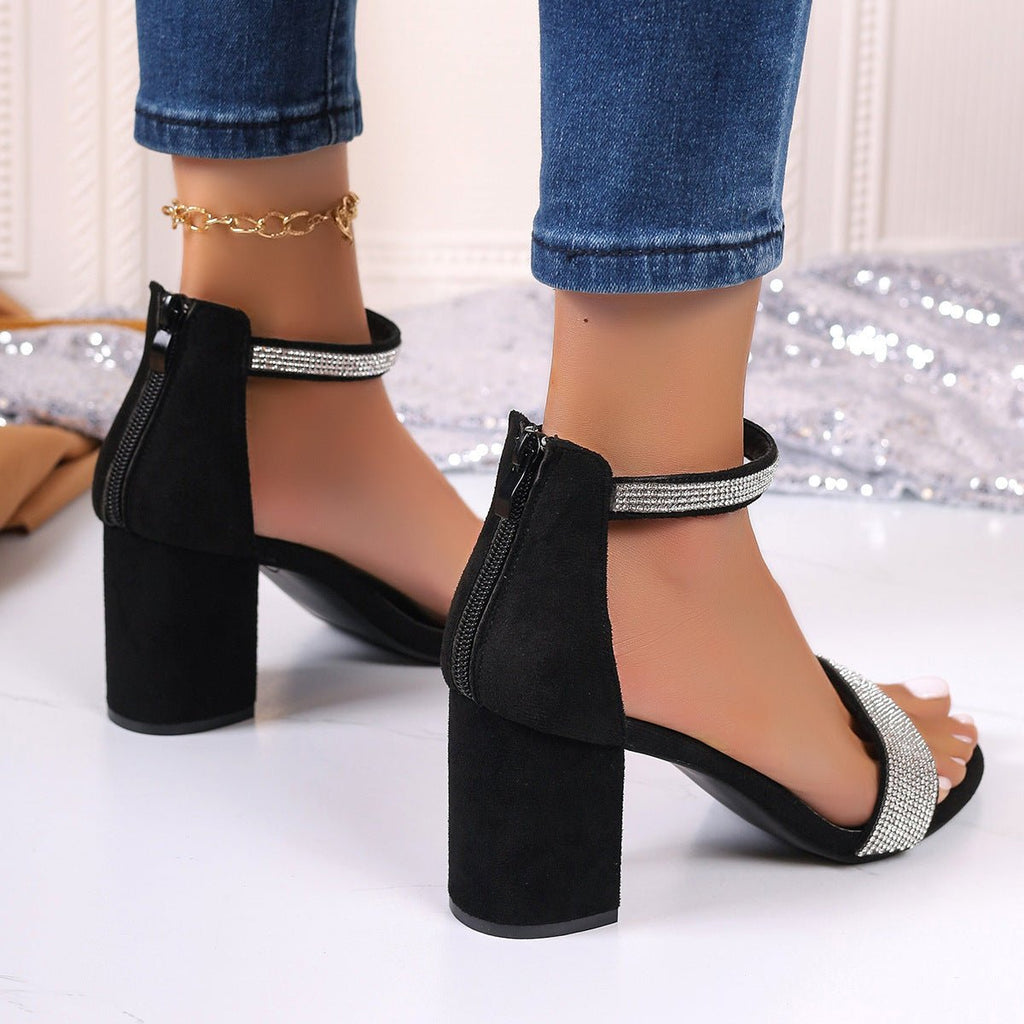 FitiqueFit rhinestone high heel sandals with chunky square heel, perfect for summer occasions and stylish footwear.