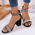 FitiqueFit rhinestone high heel sandals with chunky square heel, perfect for summer, featuring sparkling rhinestone details.