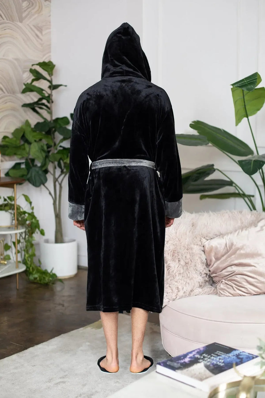 Lotus Linen men's hooded robe made of ultra-soft plush fabric, featuring a comfortable design for everyday wear.
