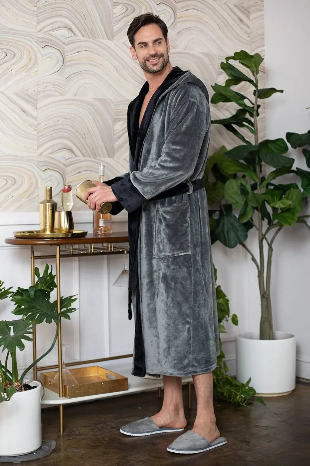 Men’s hooded robe by Lotus Linen, ultra-soft plush fabric, featuring a cozy design for comfortable everyday wear.