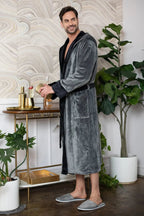 Men’s hooded robe by Lotus Linen, ultra-soft plush fabric, featuring a cozy design for comfortable everyday wear.