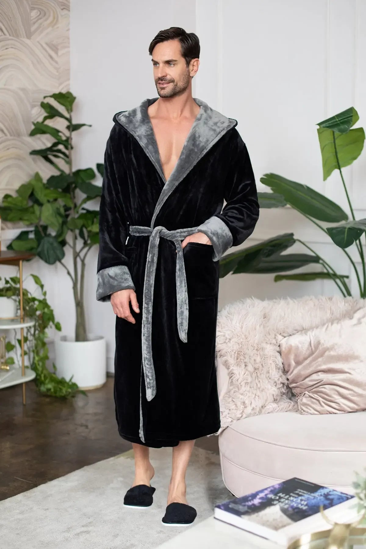 Soft men's hooded robe by Lotus Linen made of plush fabric, designed for cozy, everyday comfort.