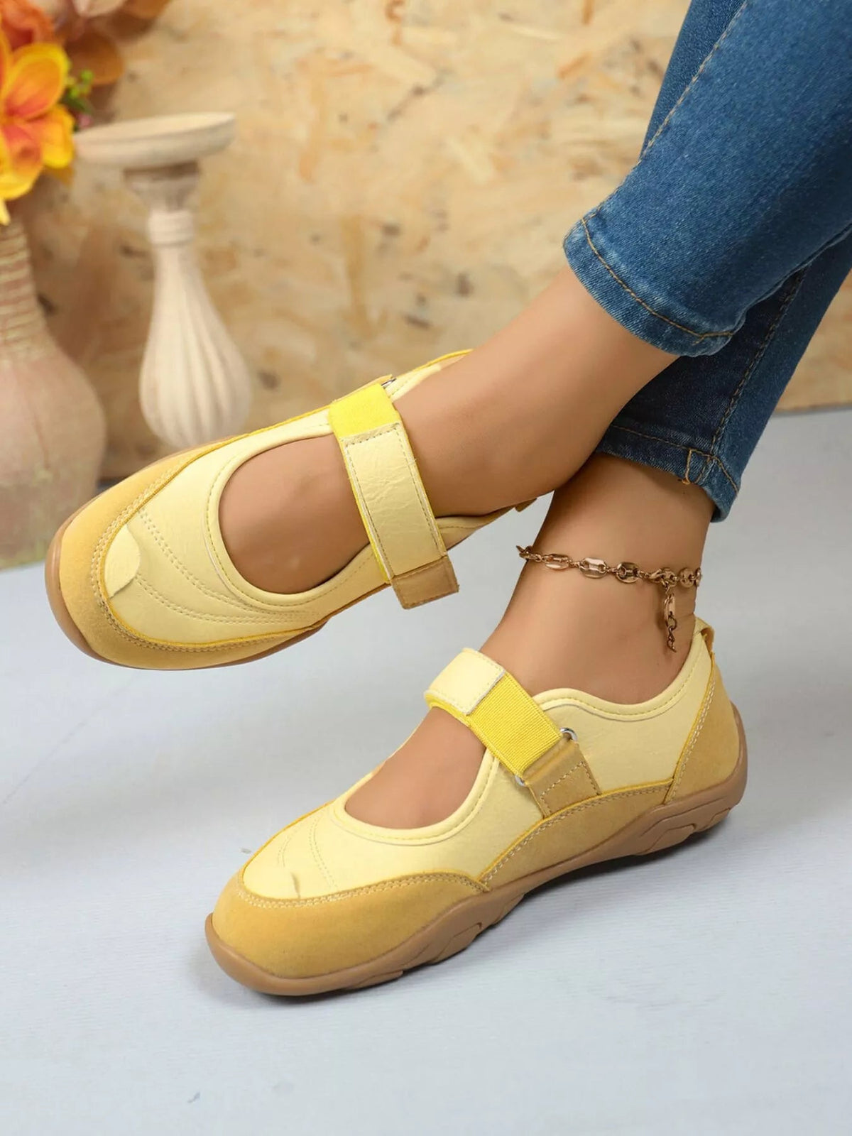 Women’s faux leather and suede round toe loafers with Velcro strap from Plush Fashion Hub, flat shoe for casual wear.