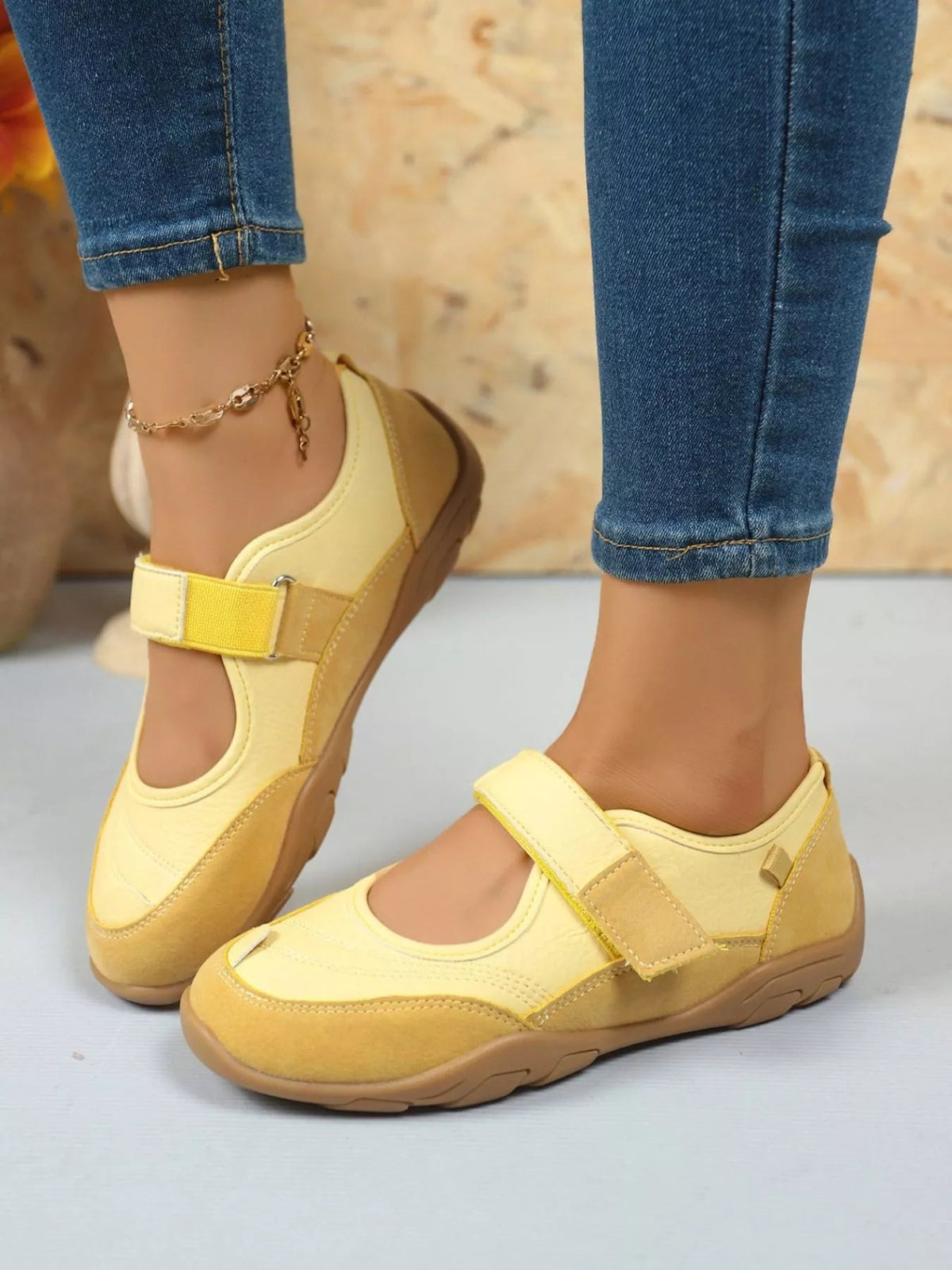 Women’s faux leather and suede round toe loafers with Velcro strap from Plush Fashion Hub.