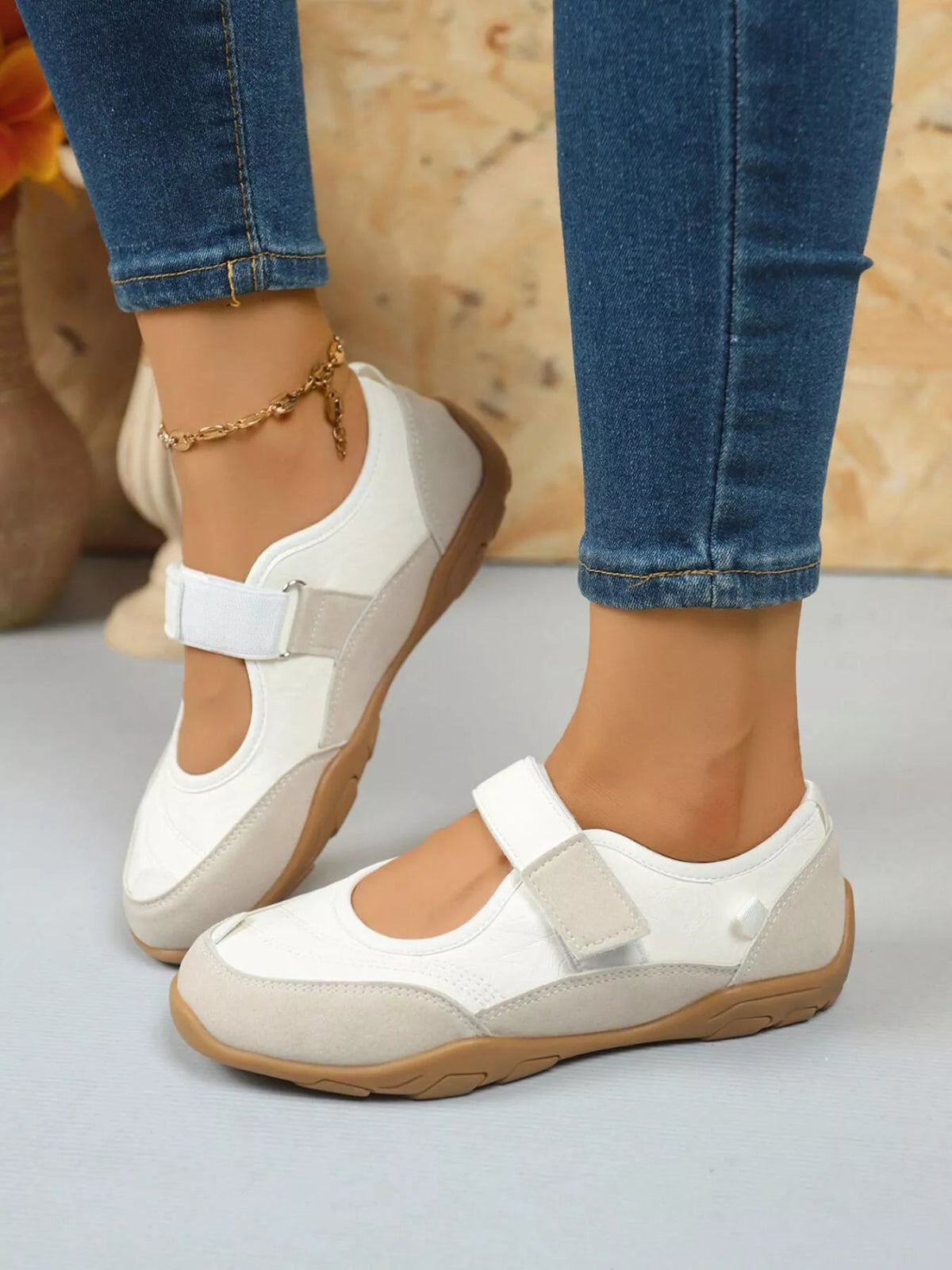 Women’s round toe faux leather and suede loafers with velcro strap from Plush Fashion Hub, stylish and comfortable shoe for casual wear.