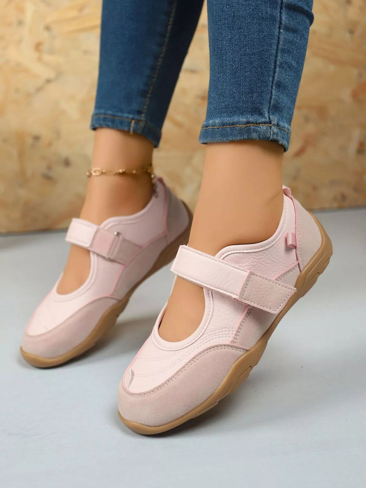 Women’s faux leather and suede round toe loafers with Velcro strap from Plush Fashion Hub, stylish slip-on shoe for casual wear.