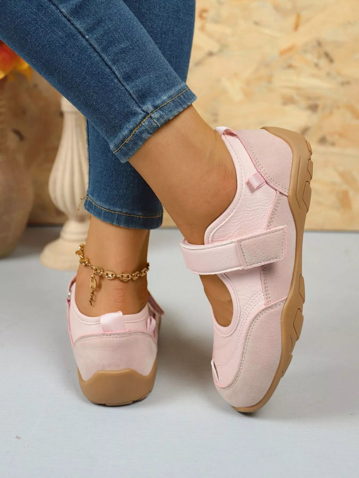 Women’s round toe faux leather and suede loafers with Velcro strap, stylish flats by Plush Fashion Hub.