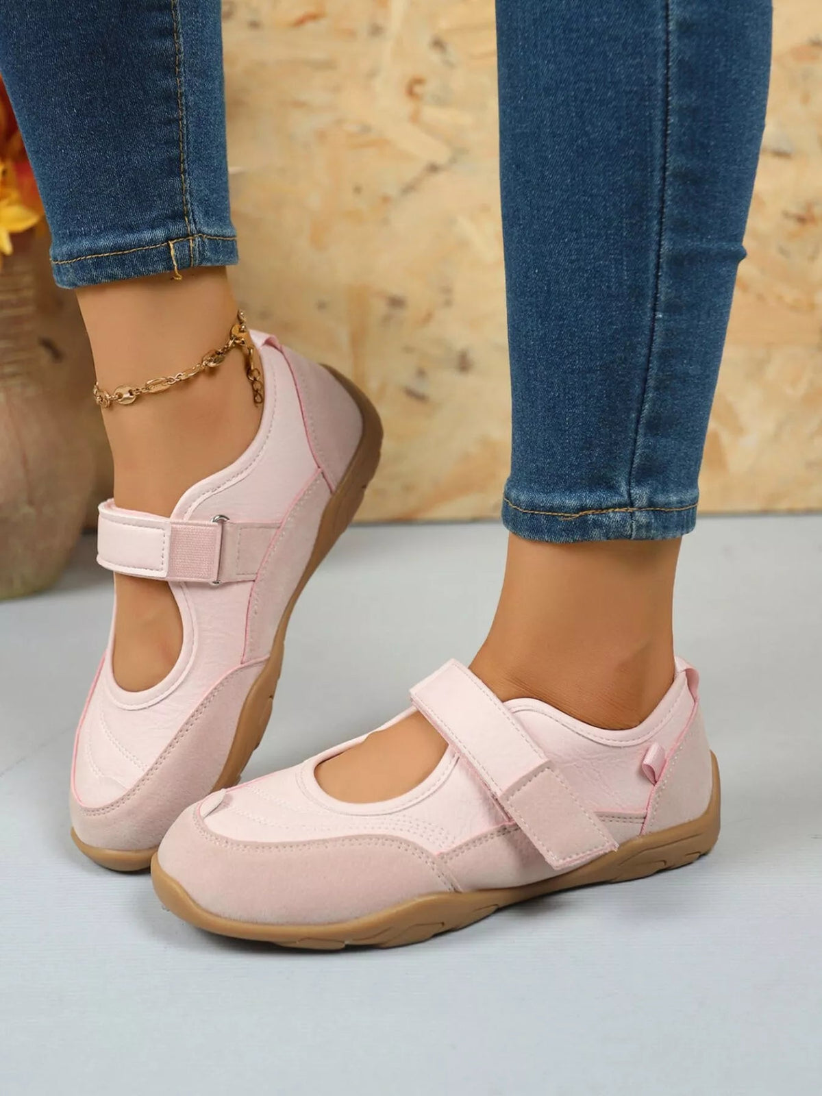 Women’s round toe faux leather and suede loafers with velcro strap from Plush Fashion Hub, stylish slip-on shoe for everyday wear.