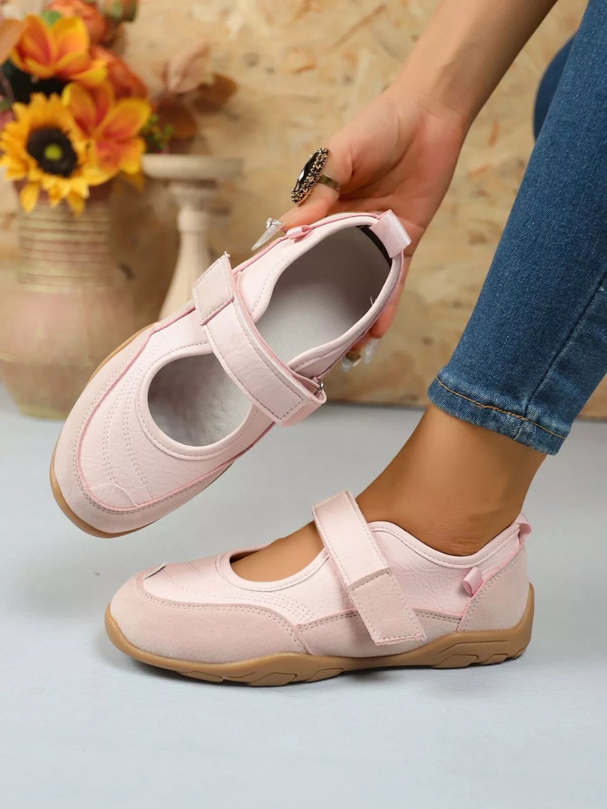 Women’s faux leather and suede round toe loafers with Velcro strap by Plush Fashion Hub, shown in a stylish flat shoe design.