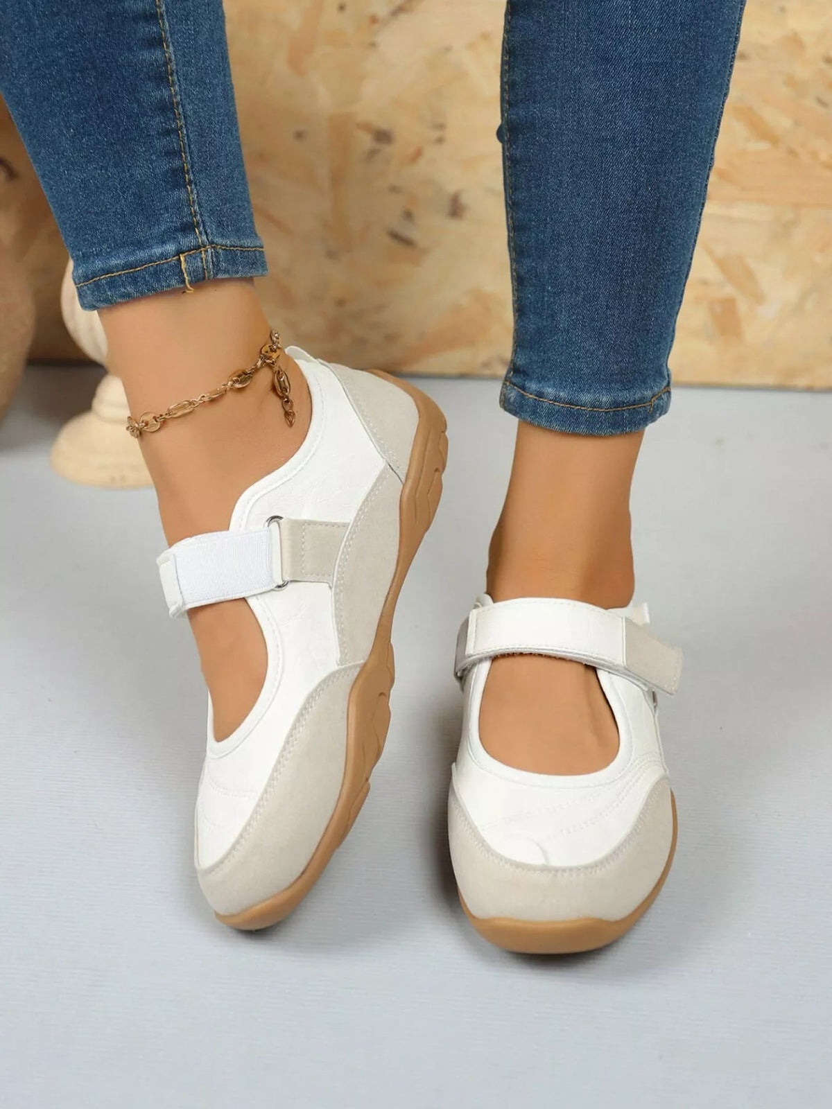 Women’s faux leather and suede round toe loafers with velcro strap from Plush Fashion Hub, stylish and comfortable shoe for everyday wear.