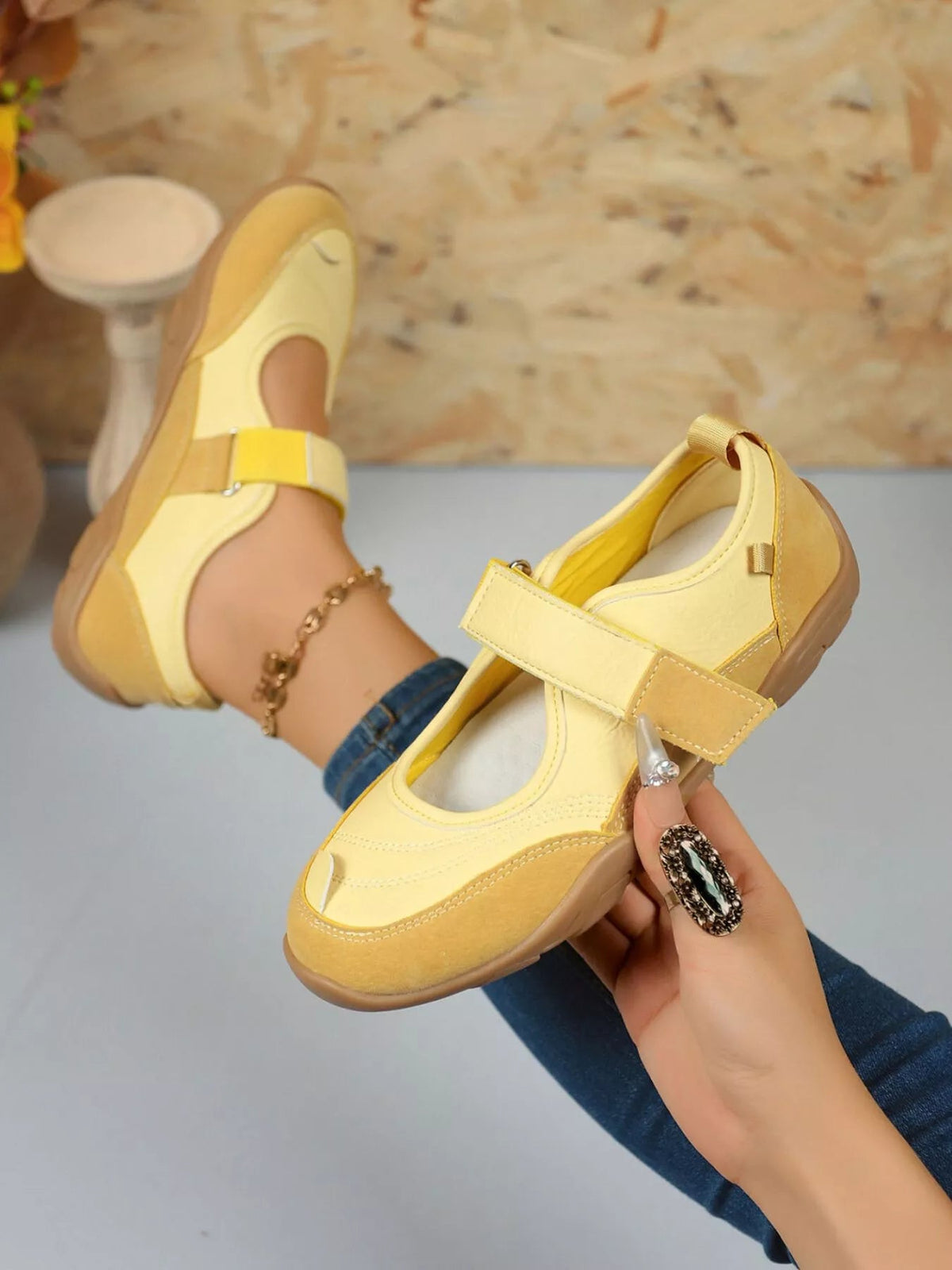 Women’s faux leather and suede round toe loafers with velcro strap, stylish flats by Plush Fashion Hub.
